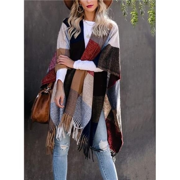 Women Boho Buffalo PlaidPoncho Pashmina Shawl WrapCape Sweater Knitting Cardigan - Picture 4 of 5
